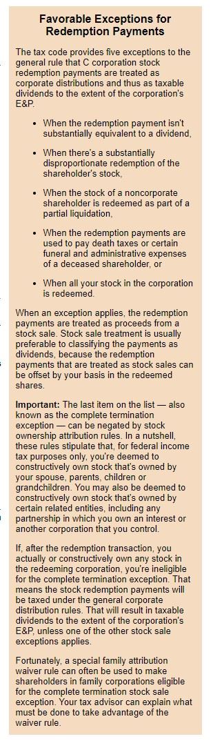 Favorable exceptions for redemption payments