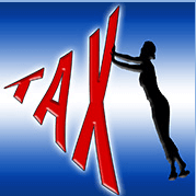 Shadow of person holding up "TAX" word